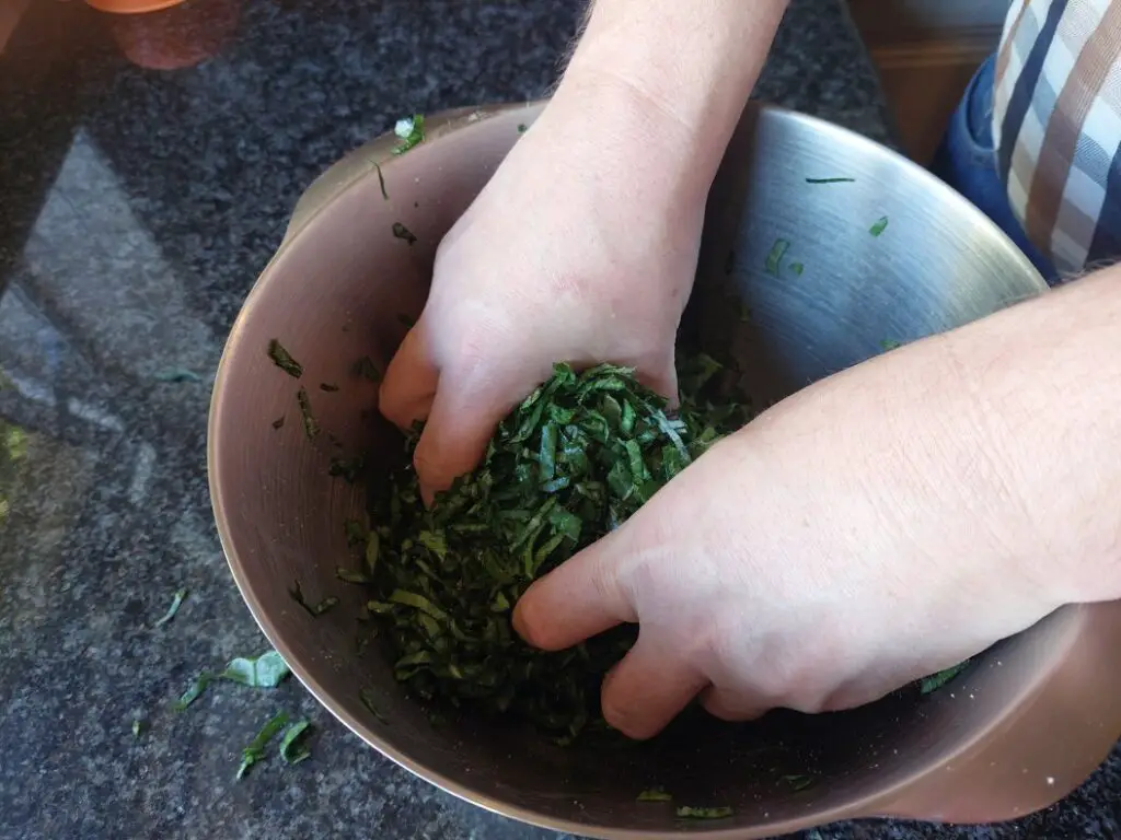 Massaging salt into kale