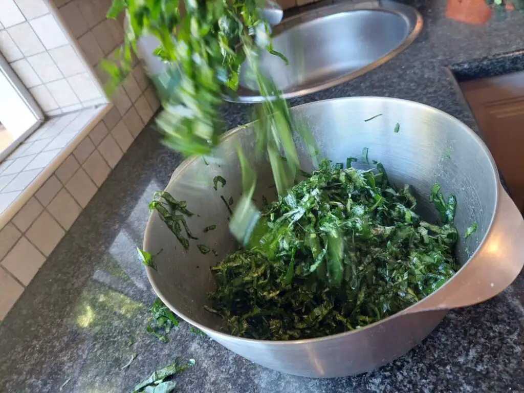 Tossing dressing on kale