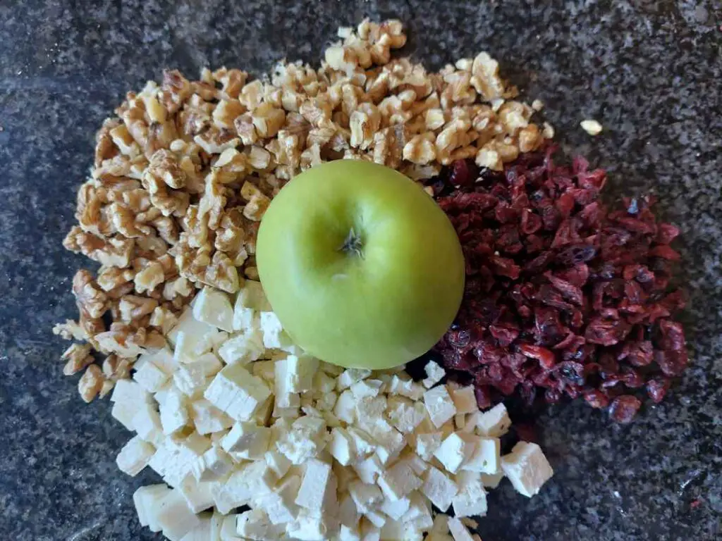 Chopped Ingredients - Apple, cheese, nuts and cranberries