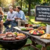 A family enjoying a lavish afternoon barbecue. In the front is a sign advertising the ultimate guide to hosting the perfect barbecue party!