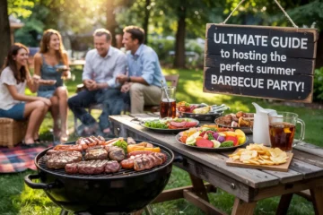A family enjoying a lavish afternoon barbecue. In the front is a sign advertising the ultimate guide to hosting the perfect barbecue party!