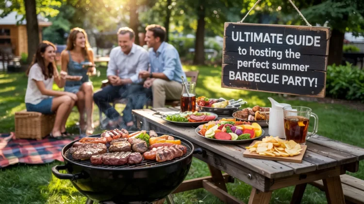 A family enjoying a lavish afternoon barbecue. In the front is a sign advertising the ultimate guide to hosting the perfect barbecue party!