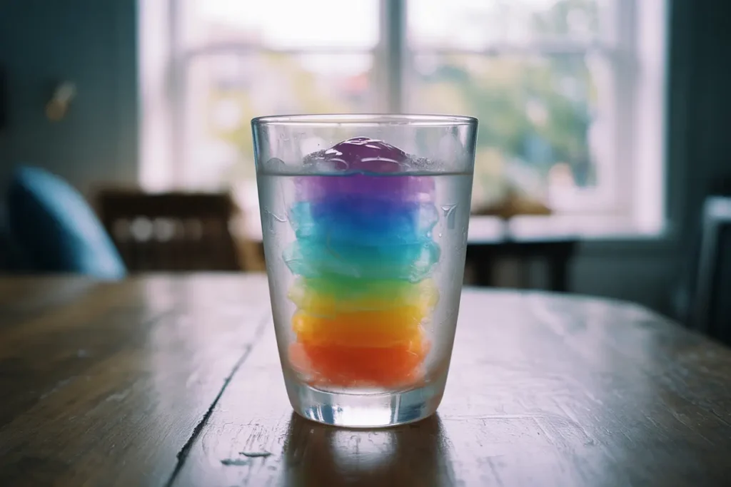 a stunning rainbow gradient ice cube in a clear glass with natural lighting showing off the colors