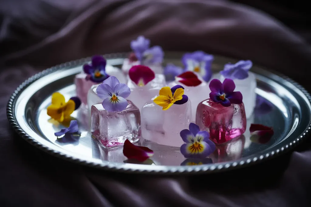 ice cubes that contain perfect pansies, delicate violets, or romantic rose petals