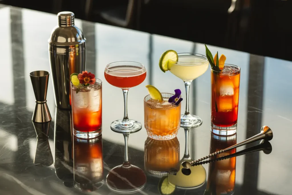 Professional mocktails displayed in various glassware showcasing colorful ingredients, fresh garnishes, and proper presentation techniques for non-alcoholic cocktail making