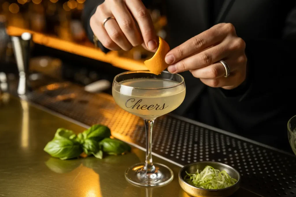 Professional mocktail garnishing techniques demonstrating citrus twist preparation, fresh herb placement, and decorative rim treatments