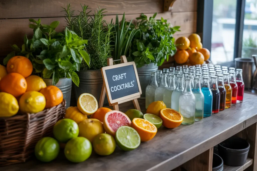 Mocktail ingredients organized by category, including fresh citrus fruits, herbs like mint and basil, various syrups, and sparkling mixers