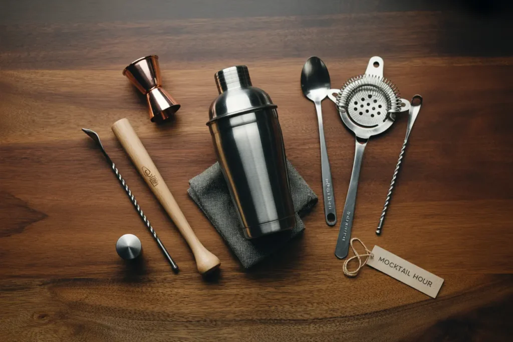 Essential mocktail making tools including cocktail shaker, jigger, muddler, strainer, and bar spoon arranged for home bartending setup