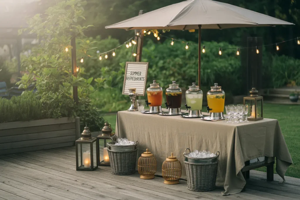 Twilight mage of a summer refreshing bar with fairy lights