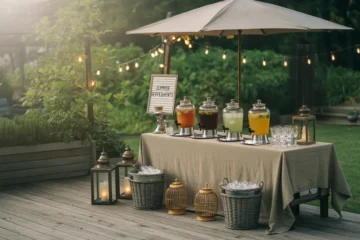 Twilight mage of a summer refreshing bar with fairy lights