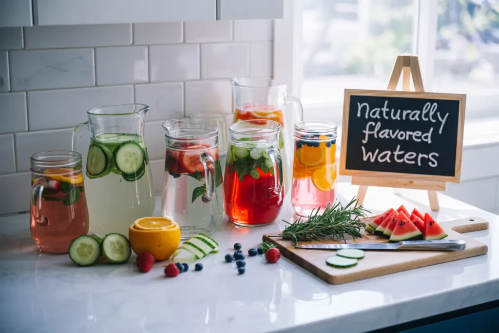 Bar image with different drinks decoratively placed in various jars and glasses