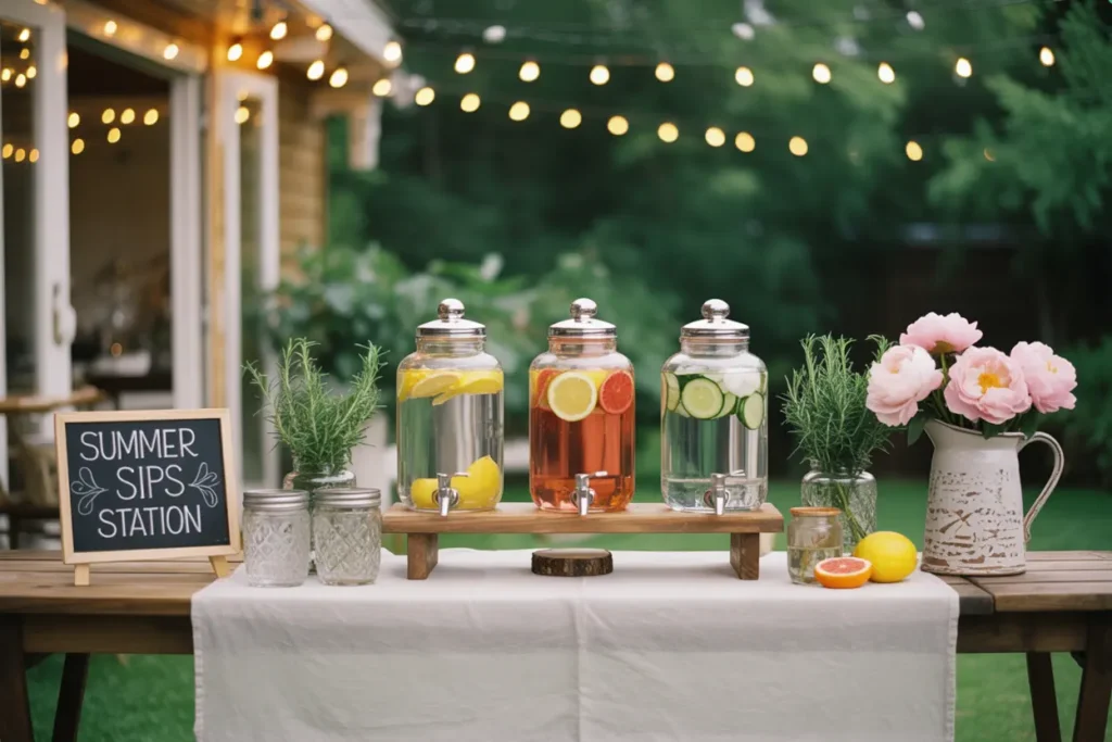 Outdoor bar image with various drinks in large clear-glass display jars showcasing the fruits infusing their flavor