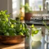 Basket of fresh herbs next to a drink made from local ingedients