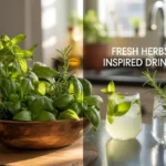 Basket of fresh herbs next to a drink made from local ingedients