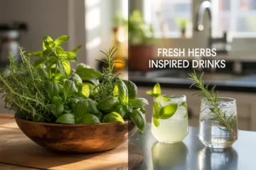 Basket of fresh herbs next to a drink made from local ingedients