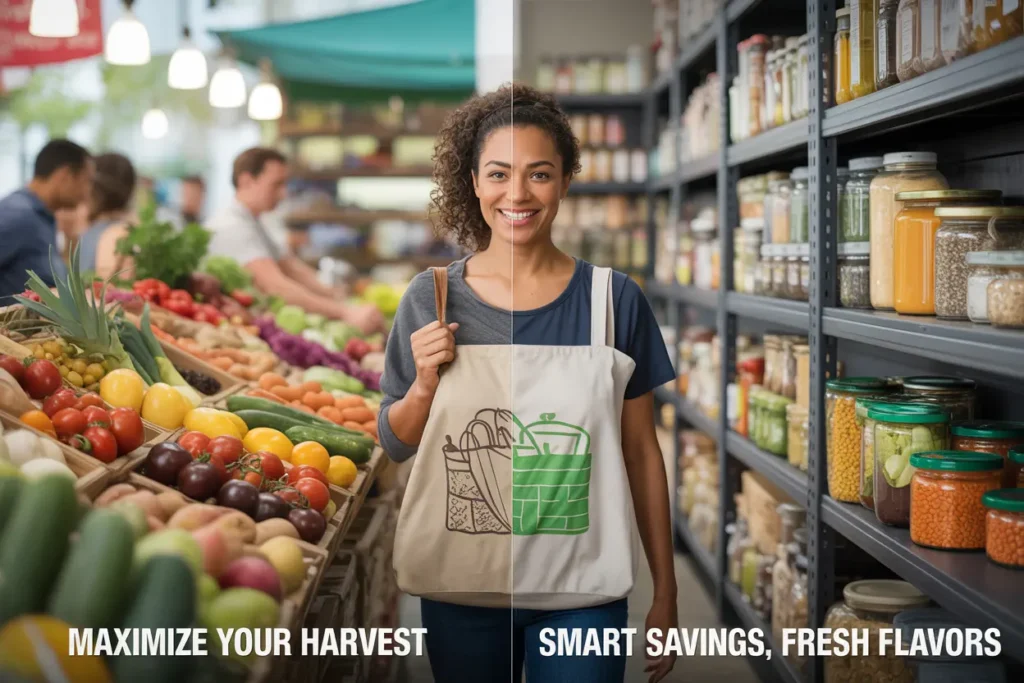 Image split between a local fresh market and a warehouse of dried goods with a woman smiling at her choice.