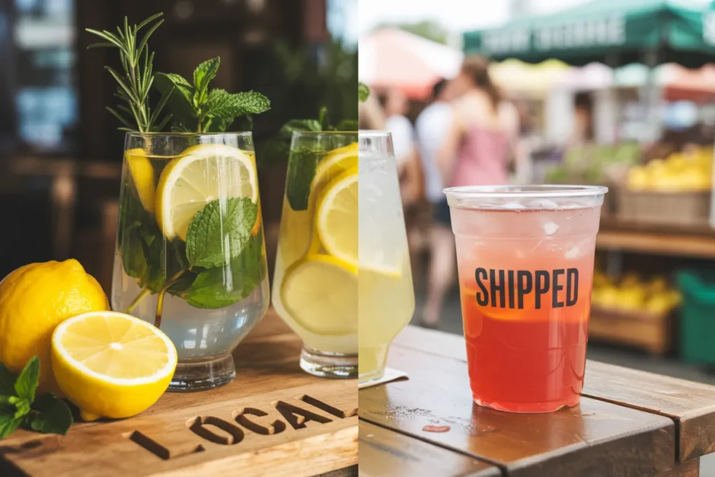 Image contrasting drinks made with local ingredients vs shipped ingredients.