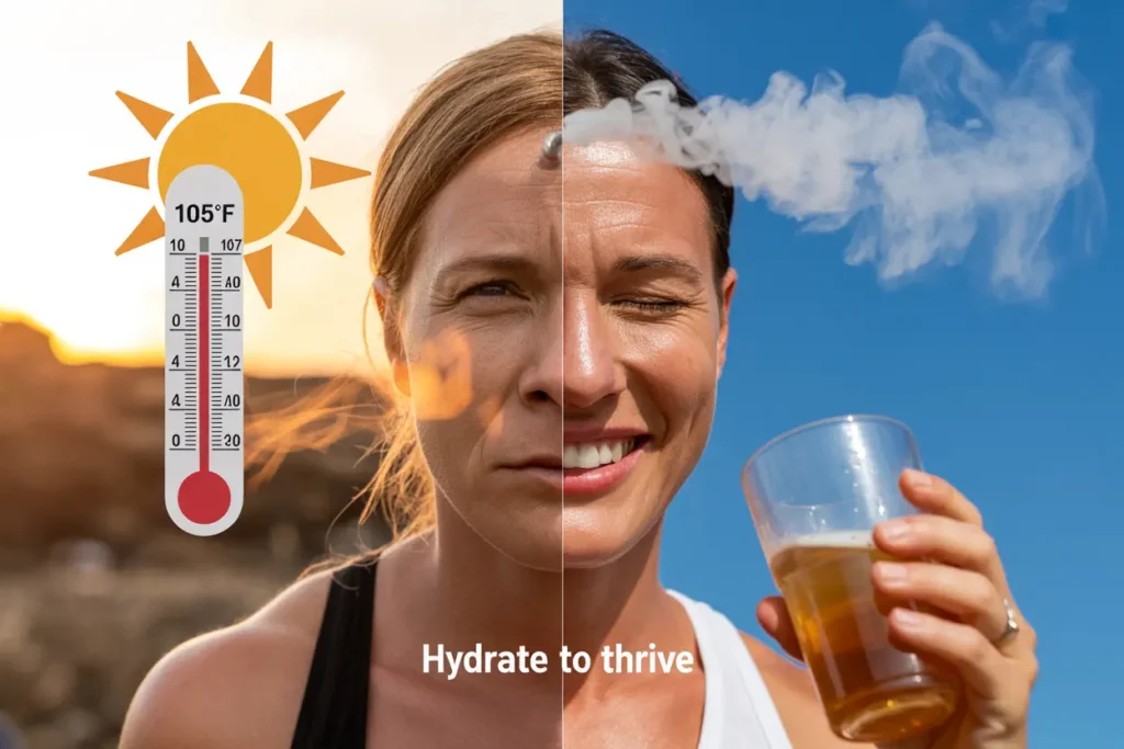 Summer Party contrasting images of heatstroke and hydrating
