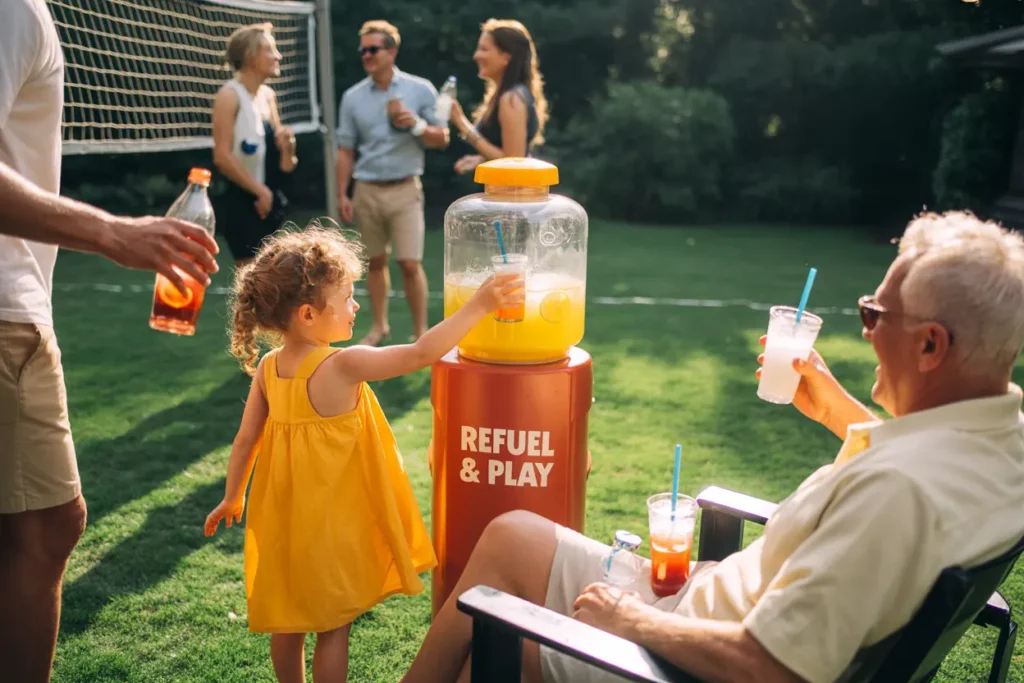 Multigenerational Summer party with kids drinking flavoured water