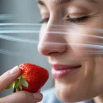 Woman smelling a strawberry with visual scent traces