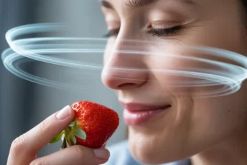 Woman smelling a strawberry with visual scent traces