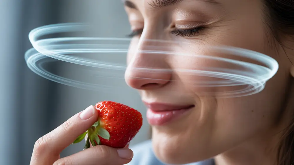 Woman smelling a strawberry with visual scent traces