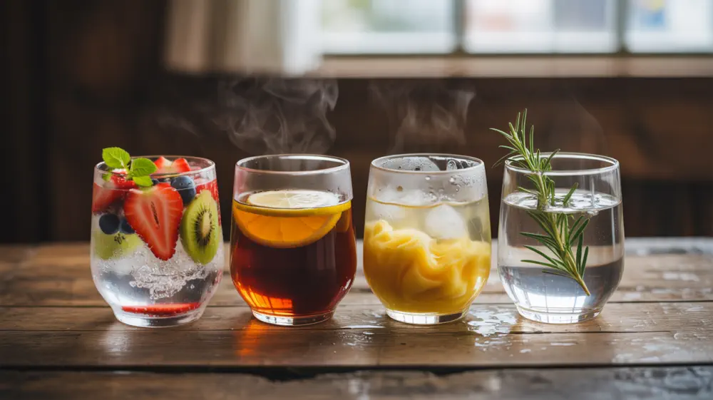 4 clear glasses filled with beverages at different temperatures creating an instinctive taste profile in our minds