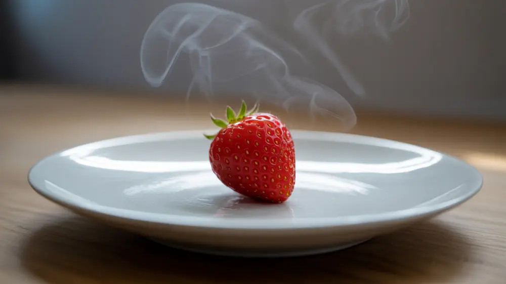 Strawberry on a plate with traces of volatile aroma wafting upwards