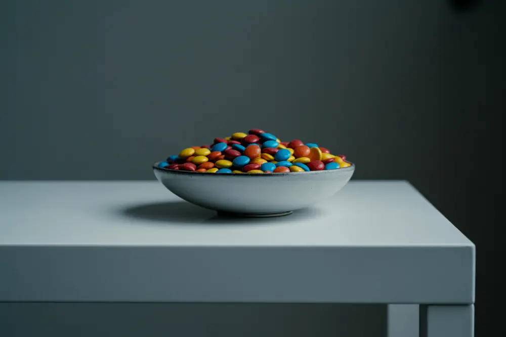 White plate and countertop contrasted with highly colorful sweets showing how color affects taste