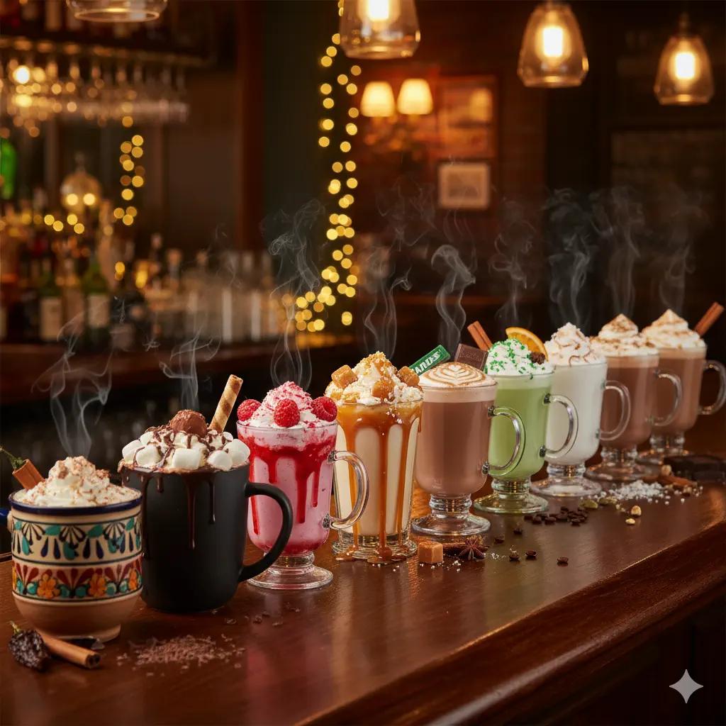 Bar Counter with 12 different steaming hot chocolates to suit every mood and taste!
