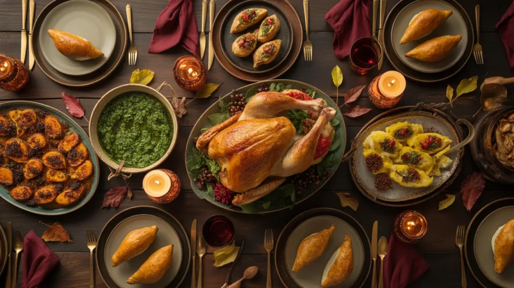 A Thanksgiving table featuring a mix of traditional and global fusion dishes, including a roast turkey, bright green sauces, and small savory pastries, symbolizing breaking culinary traditions with flair.