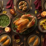 A Thanksgiving table featuring a mix of traditional and global fusion dishes, including a roast turkey, bright green sauces, and small savory pastries, symbolizing breaking culinary traditions with flair.
