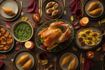 A Thanksgiving table featuring a mix of traditional and global fusion dishes, including a roast turkey, bright green sauces, and small savory pastries, symbolizing breaking culinary traditions with flair.