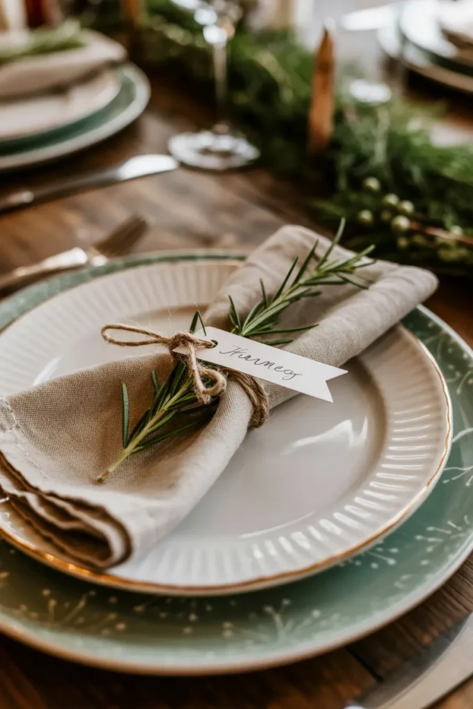 Stunning close up of a table setting with a nametag on a rosemary sprig