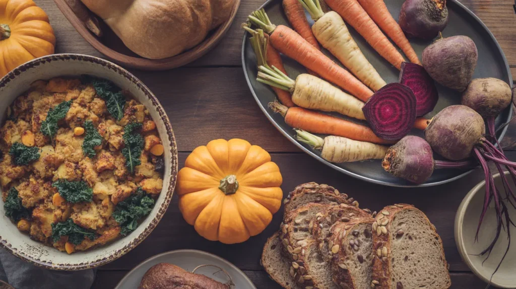Thanksgiving table featuring seasonal dishes like roasted root vegetables, kale stuffing, and a seeded sourdough bread, creating a warm and bountiful harvest scene.