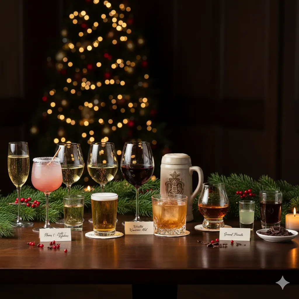 Start by greeting guests with a welcome drink, then explain to them how they should work their way through the drinks