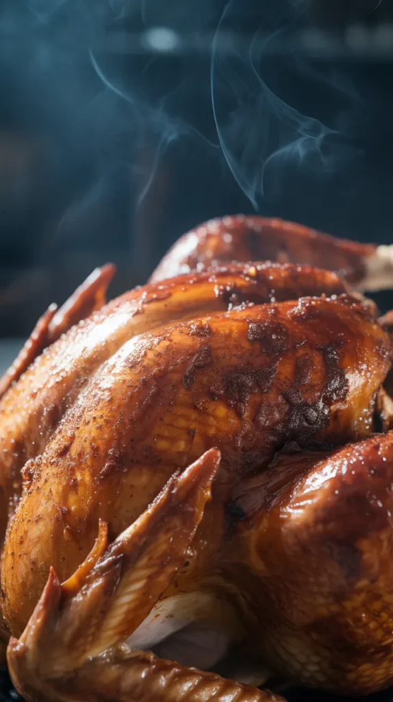 A close-up, detailed shot of the dark, caramelized, mahogany skin of a whole turkey seasoned with a smoky BBQ rub.