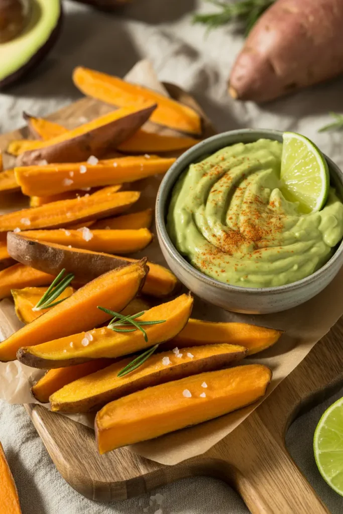 Thick Sweet Potato Fries with an avocado dip served as a snack