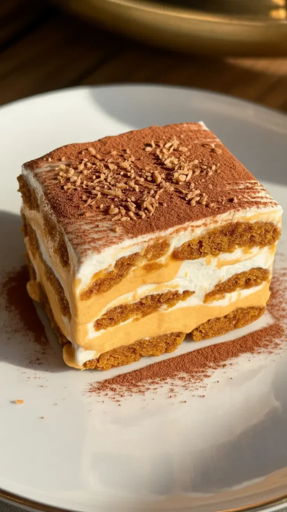 A layered slice of chai-spiced pumpkin tiramisu with a dusting of cocoa powder.