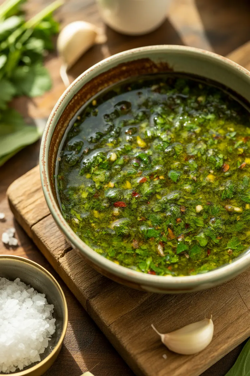 A bowl of hand-chopped chimichurri sauce showing distinct flecks of parsley and oregano suspended in olive oil