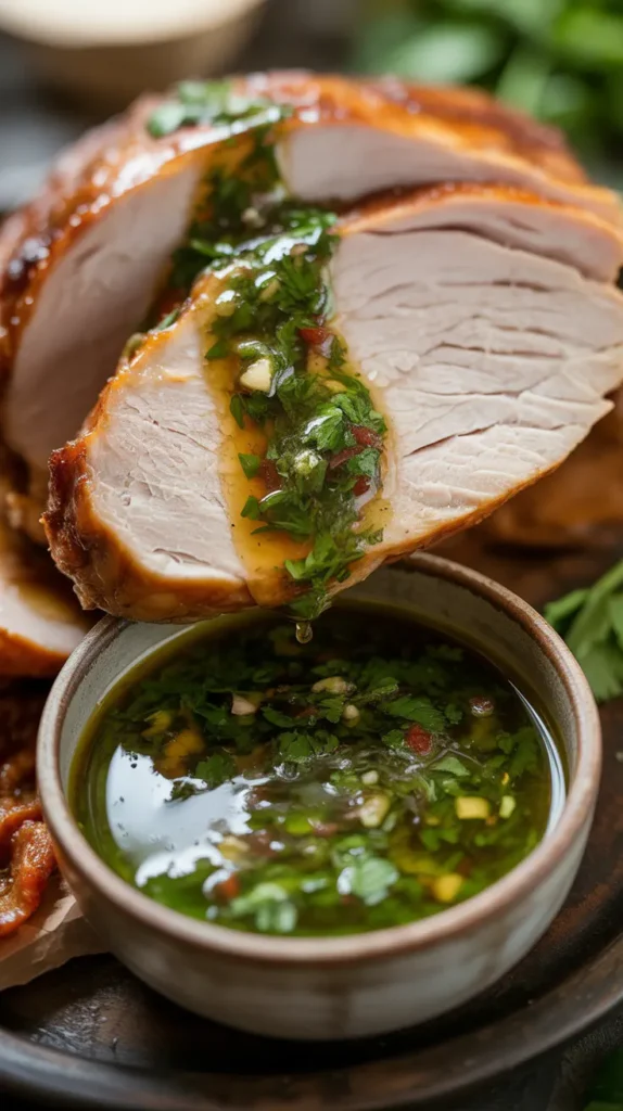 Sliced roasted turkey breast beautifully plated and drizzled with a bright green Argentinian chimichurri sauce as an alternative to gravy.