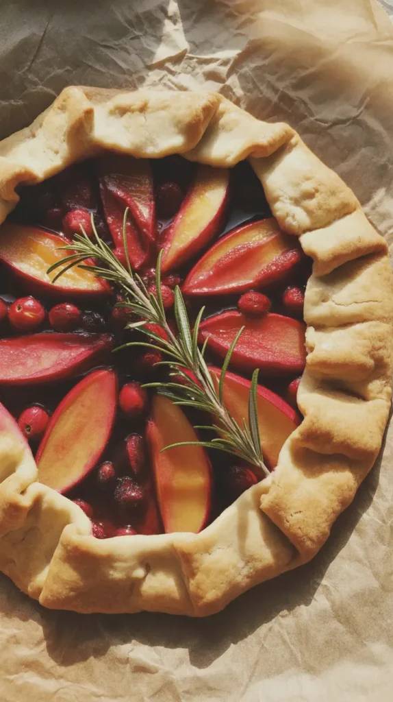 A rustic cranberry-apple galette with a golden-brown rosemary crust.