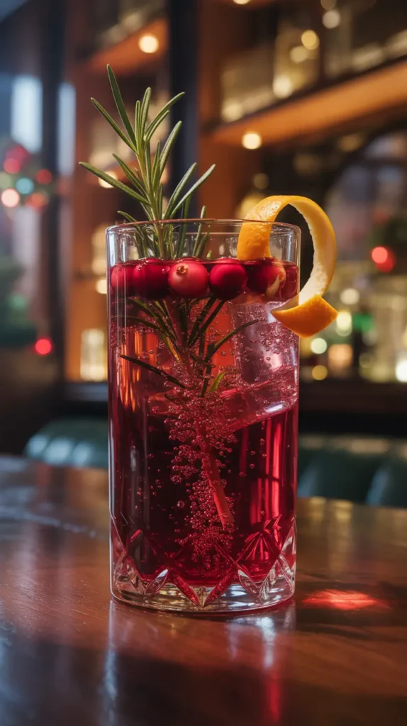 A sophisticated, deep red spiced cranberry mocktail garnished with fresh cranberries, rosemary, and an orange twist in an elegant glass.