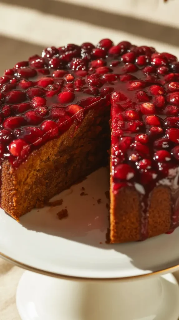 A stunning cranberry upside-down gingerbread cake with a bright red cranberry topping.