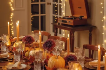 Stunning Thanksgiving Table With Fairy Lights and a Record Player at the Back