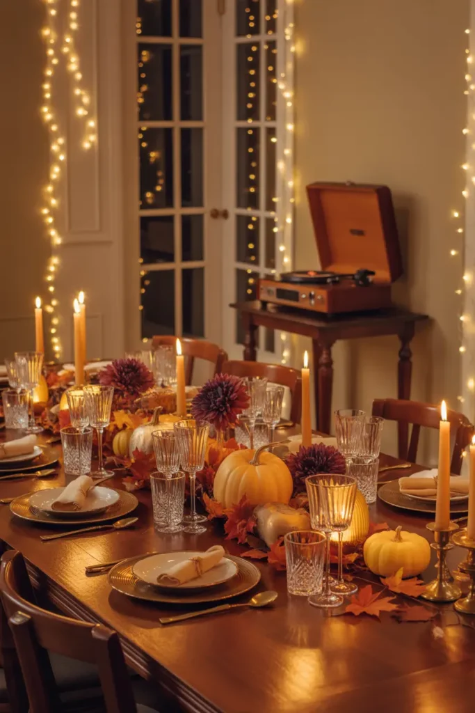 Stunning Thanksgiving Table With Fairy Lights and a Record Player at the Back