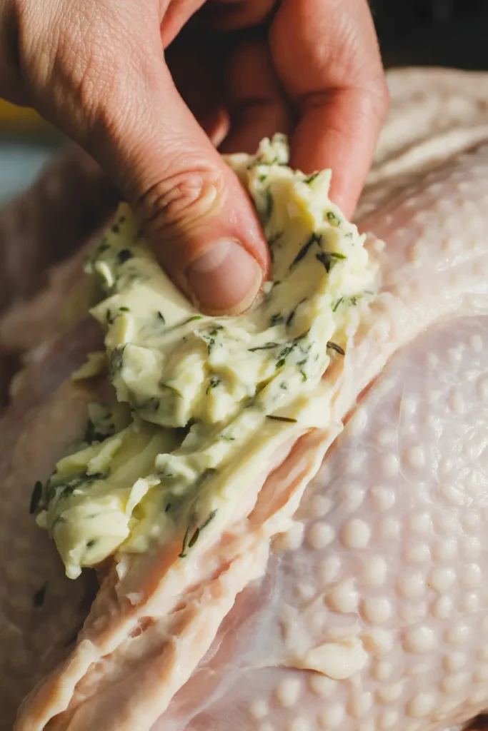 close-up shot of a hand generously slathering a thick, herb-flecked compound butter underneath the skin of a raw turkey breast