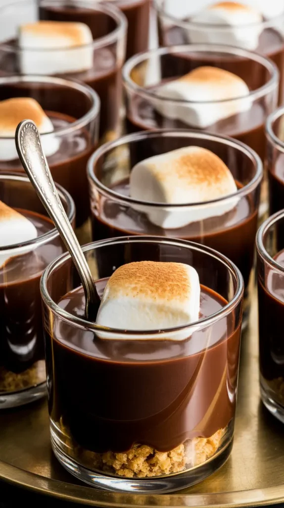 Individual glass cups of hot chocolate pudding with a toasted marshmallow topping.