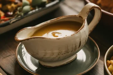 Sumptuous gravy in a gravy boat surrounded by thanksgiving favourites