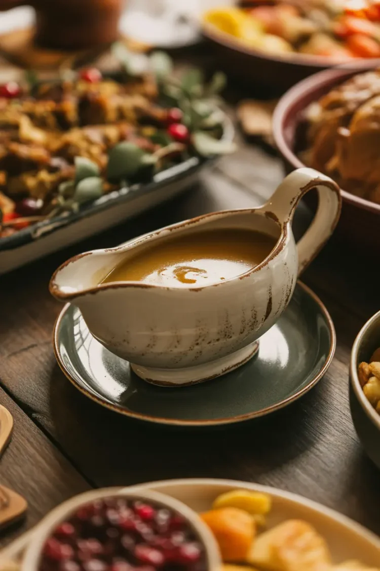 Sumptuous gravy in a gravy boat surrounded by thanksgiving favourites